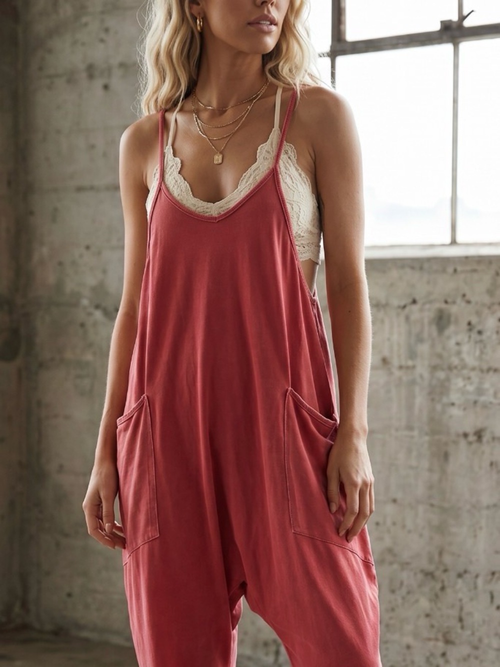 NWT Mineral Wash Spaghetti Strap Harem Boho Festival Jumpsuit Jumper Red - Picture 3 of 8